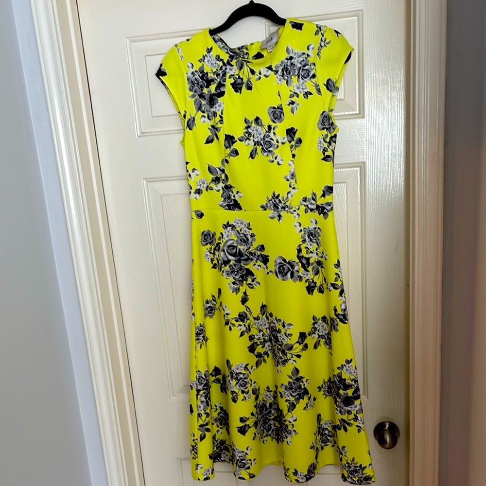 Women's Highlighter Green Floral A-Line - Knee Length Dress